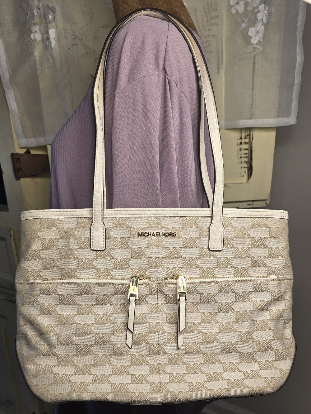 👛 Michael Kors Kempton Cream Jet Set Signature MK Logo Shoulder Tote Bag Purse
